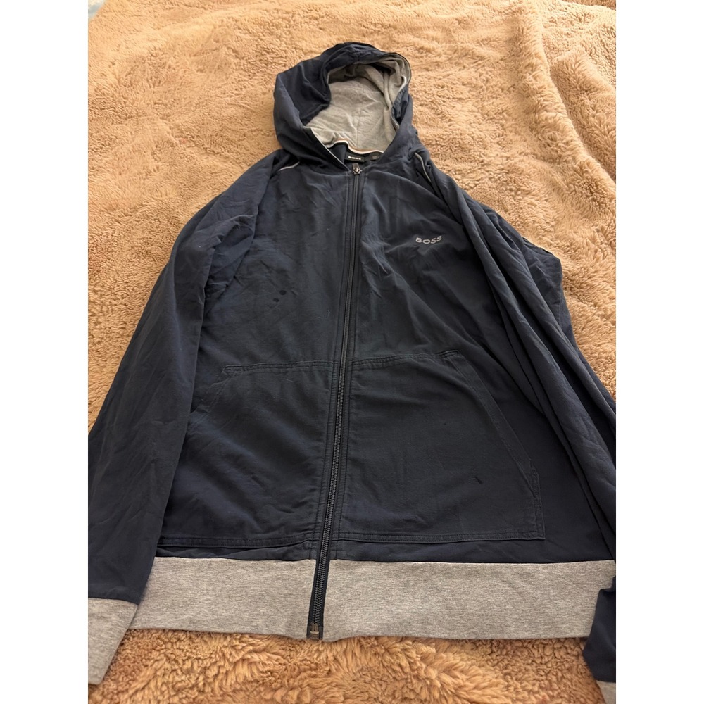 Hugo Boss Mens Full Zip Hoodie Navy Blue Grey Colorblock XL Sweatshirt Logo